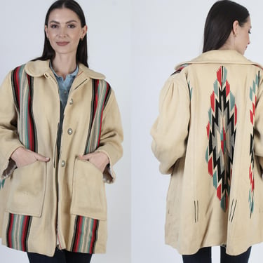 Authentic Southwestern Chimayo Jacket, Native American Wool Coat, Hand Woven Blanket, Tan Western Button Up 