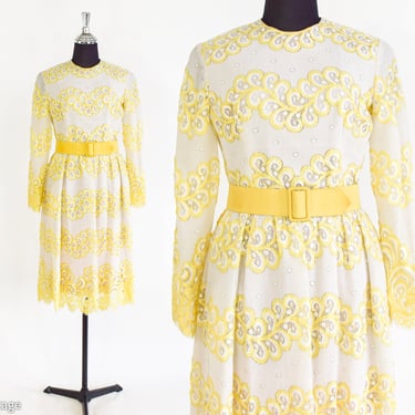 1960s Yellow Floral Lace Dress | 60s White Lace & Yellow Party Dress | Claudia | Medium 