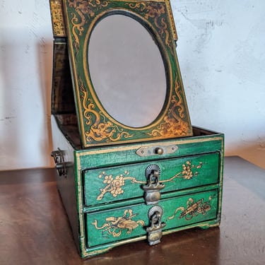 Antique Green Chinese Vanity Jewelry Box Brass Birds Details 