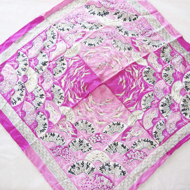Vintage 50s Japan Floral Silk Scarf 32x34 - 1950s Fuschia Pink Asian Inspired Flying Cranes Fan Print Large Hand Rolled Kerchief Bandana 