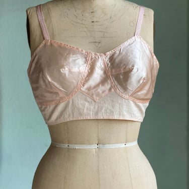 1950s Bra Bustier / Size 36 Satin Baby Pink Lingerie Crop Top / Fifties  Bra Top / Boudoir Lingerie / 