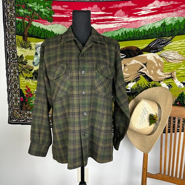 Vintage Pendleton Wool Flannel Shirt Board Plaid Loop Collar Flap Pockets Medium 