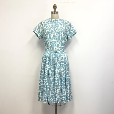 Vintage Secretary Dress |  1960s Belted Short Sleeve Dress with Pleated Skirt | Robin Egg Blue and White 