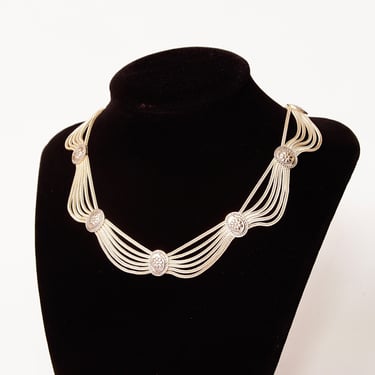 Vintage 900 Silver Festoon Necklace, 6-Strand Foxtail Chain Station Necklace, Floral Link Embellishments, Statement Necklace, 16 1/2&quot; Long 