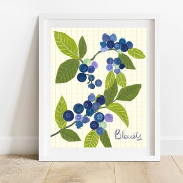 Blueberry Branches 8 X 10 Art Print/ Fruit Still Life Wall Decor/ Kitchen Food Illustration/ Farmers Market Produce Wall Art 