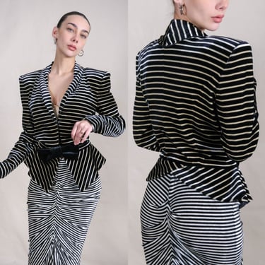 GIORGIO ARMANI Runway Collection Black & Ivory Striped Velvet Peplum Power Blazer w/ Bow Accent | Made in Italy | Y2K ARMANI Designer Jacket 