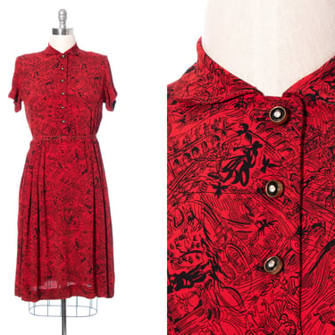 Vintage 1940s Shirt Dress | 40s Novelty Print Rayon People Buildings Birds Fit and Flare Button Up Cocktail Shirtwaist Dress (medium/large) 