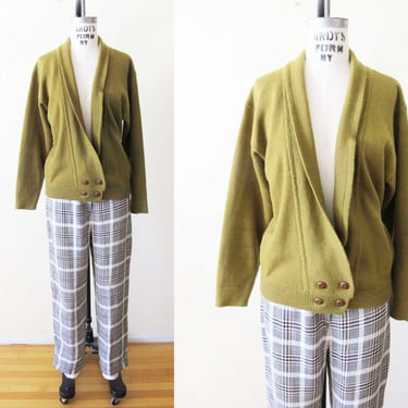 Vintage 70s Green Wool Shawl Collar Cardigan S M - Academia Preppy Professor Womens Woven Button Sweater 