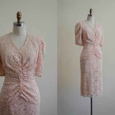 peach lace vintage dress | 80s vintage romantic pink floral lace dress | 40s style dress 