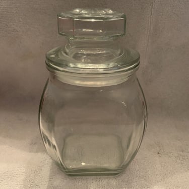 Vintage Clear Glass Square Apothecary Jar Starburst Lid 4.5” 