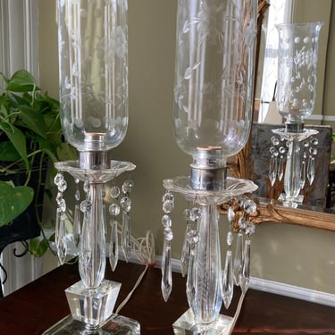Pair Etched Crystal Boudoir Lamps 