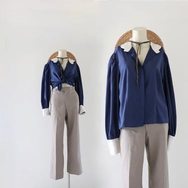 navy puff shoulder button blouse - m - vintage 70s 80s dark blue soft long sleeve womens size medium shirt top 