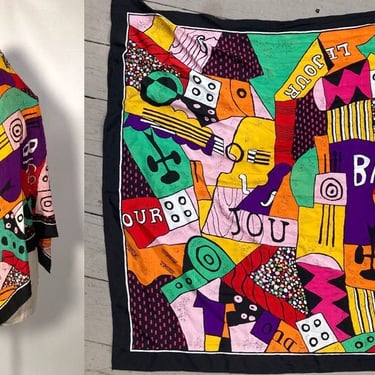 Vintage 80s Large Echo Picasso Style Abstract Jazz Print Square Scarf 
