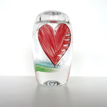 Vintage Kosta Boda Glass Heart Votive, Swedish Glass Hand Painted Candle Holder by Ulrica Hydman Vallien 