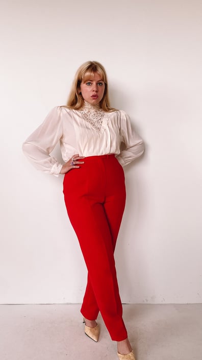 1990s Candy Apple Red Pleated Trousers, sz. S/M