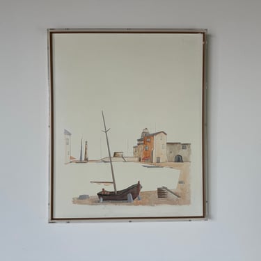 1977 Martik Modernist Mediterranean Landscape With Old Town & Boats  Oil Painting, Framed 