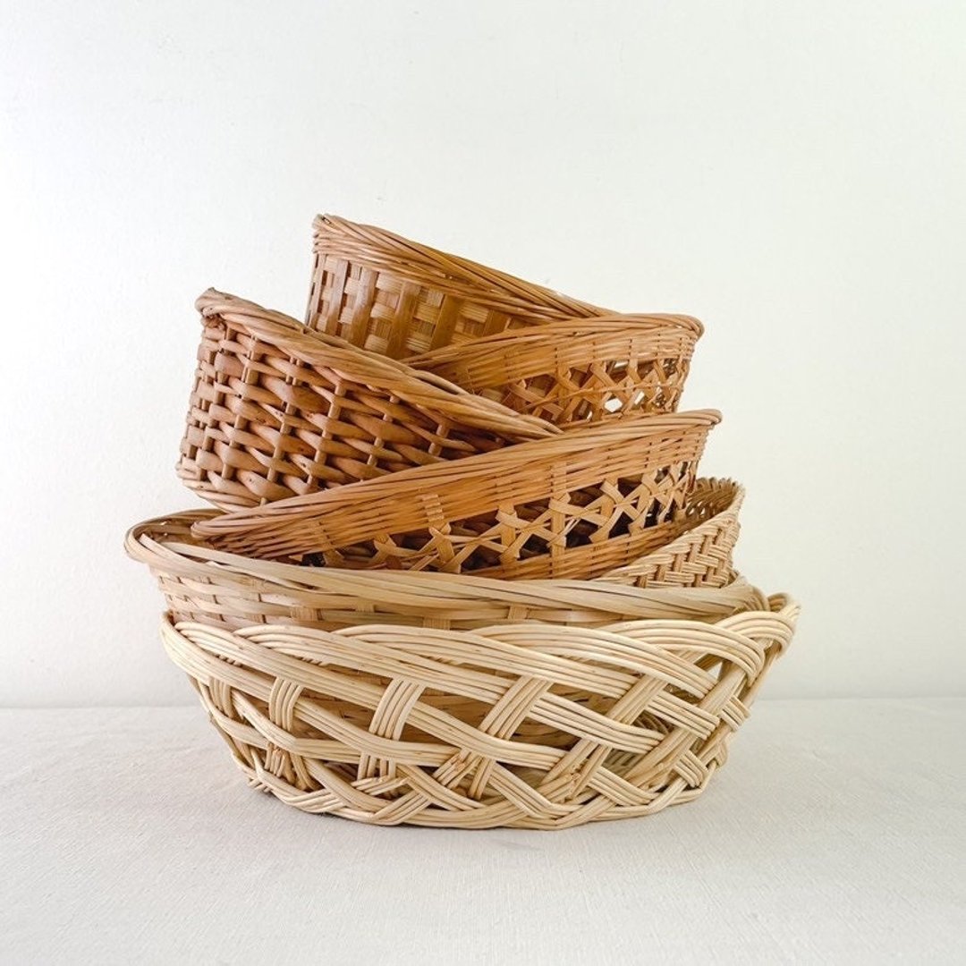 Vintage Collection of 7 Wicker Baskets, Set of Woven Rattan Bowls