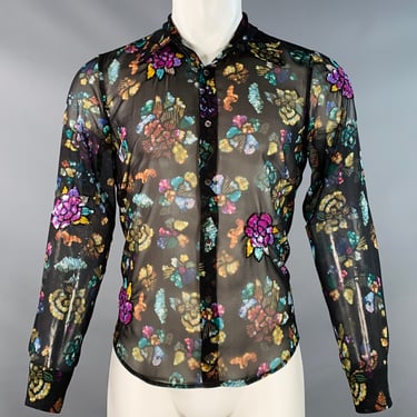 DRIES VAN NOTEN Size XS Black Multi Color Floral Sequined Long Sleeve Shirt