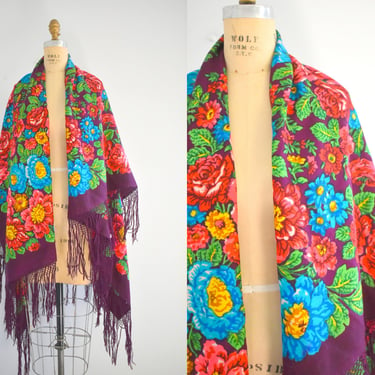 1960s/70s Floral Wool Fringed Shawl 