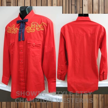 Champion Westerns Vintage Men's Cowboy & Rodeo Shirt, Bright Red with Gold Embroidery, Tag  Size 17-34,  Approx. XLarge (see meas. photo) 