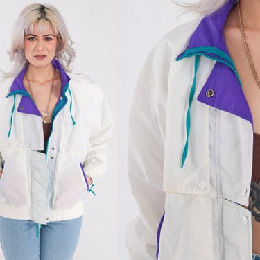 White Windbreaker Jacket 90s Purple Trim Warmup Shell Jacket Vintage 1990s Zip Up Warm Up Drawstring Neckline Oversized Small S 