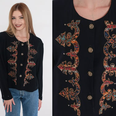 Fleur De Lis Top 90s Black Button up Shirt Long sleeve Blouse Glitter Studded Top Abstract Sparkly Metallic Formal Vintage 1990s Medium M 