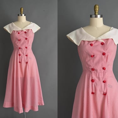 vintage 1950s Dress | Oversized Collar Red Gingham Print Full Skirt Dress | Medium 