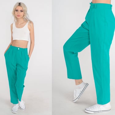 80s Pleated Trousers Green Pants High Waisted Rise Straight Leg Pants Retro Creased Mom Summer Slacks Vintage 1980s Small 26 4 