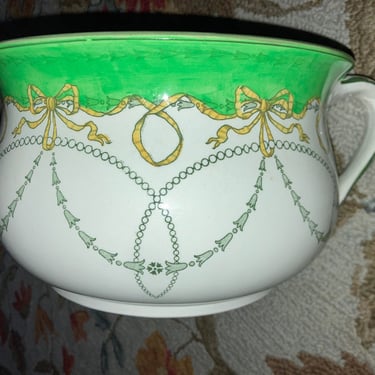 Victorian Royal Doulton chamber pot, ‘Addison’ pattern~ Green & Gold Old Planter Holder~ English Home Decor ~ Beautiful England Gifts 