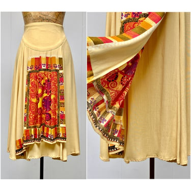 Vintage 1980s Buttercream Rayon Crepe Circle Skirt, 80s New Romantic Faux Wrap Midi, Small 27 Inch Waist, VFG 