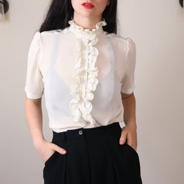 Vintage Ruffled Blouse/ 1990s Sheer Blouse/ Victorian Style Romantic Blouse/ High Collar Short Sleeve/ Chic White Blouse/ Size Medium 