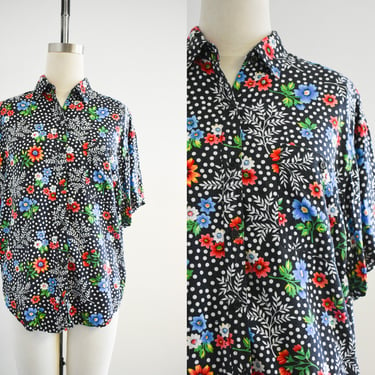 1980s/90s Black Floral and Polka Dot Blouse 