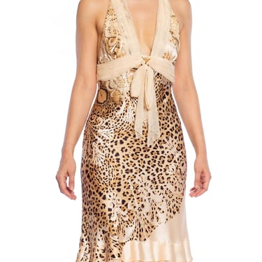 1990S ROBERTO CAVALLI Leopard Print Bias Cut Silk Charmeuse Cocktail Dress 