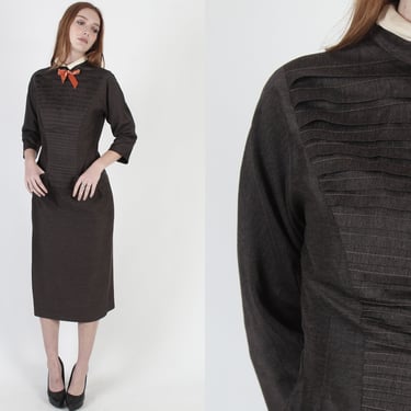 1950s Mid Century Dress, Tailored Sheath Bow Tie Collar, Formfitting Pencil Mini Dress With Pockets 