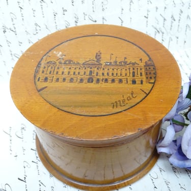 Antique French Wooden Dresser Powder Jar, Vintage Hand Turned Wood Treen Desk Box,  Hand Painted Palace, Artist Signature Meal 