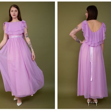 Vintage 1970s 70s Lilac Purple Chiffon Ruffled Full Length Gown w/ Boat Neckline, Waterfall Ruffle Back 