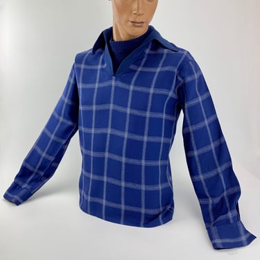 1960's Pullover Shirt -  Mod Styling - Wide Blue with White Rayon Plaid - Dickie Knit Undershirt - Men's Size SMALL 