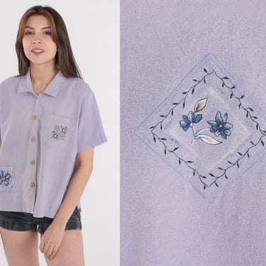 Purple Floral Blouse Y2k Silk Top Button up Shirt Short Sleeve Flower Print Retro Collared Summer Bohemian Pastel Purple Vintage 00s Small S 
