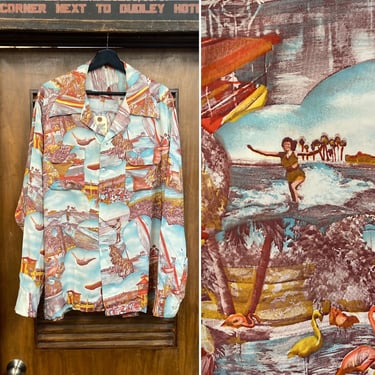 Vintage 1950’s Size XL Photoprint Rayon Tropical Vacation Print Hawaiian Shirt, Custom Original, 50’s Vintage Clothing 