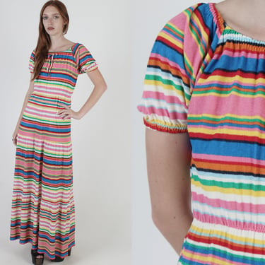 Womens Terry Cloth Beach Dress / 70s Horizontal Striped Dress / Rainbow Vacation Cover Up Resort Wear Maxi Dress 