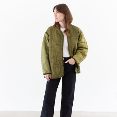 Vintage Green Liner Jacket | Unisex Two Tone Wavy Quilted Nylon Coat | L | LI192 