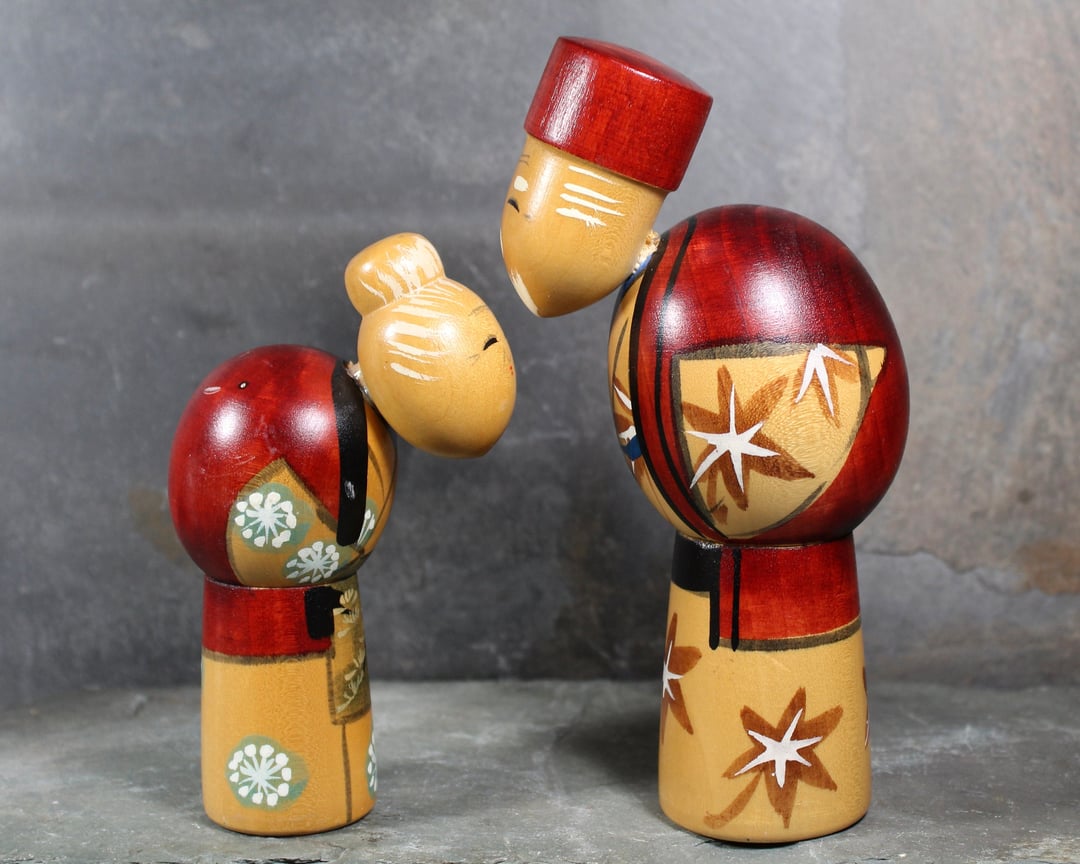 Antique Kokeshi Dolls, Adorable Japanese Kokeshi Doll Couple, Hand Painted Wood Signed by Artist, Japan Wedding Gifts, Japanese Toy 2024 Decor