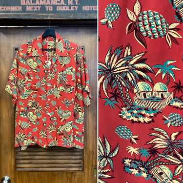 Vintage 1950’s Size XL Pineapple x Palm Tree Tropical Tiki Rayon Hawaiian Shirt, 50’s Vintage Clothing 