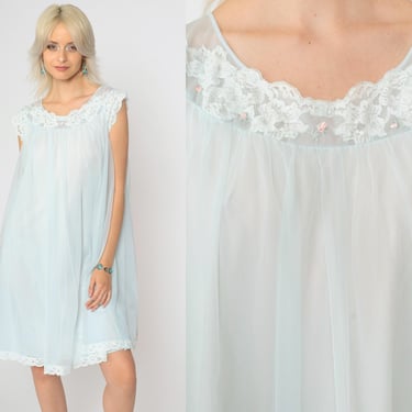 70s Baby Blue Nightgown Lace Babydoll Nightie Lingerie Slip Dress Pastel Mini 1970s Filmy Chiffon Tent Trapeze Nylon Boho Vintage Medium 