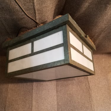 Vintage Square Flush Mount Metal and Colored Glass Light
