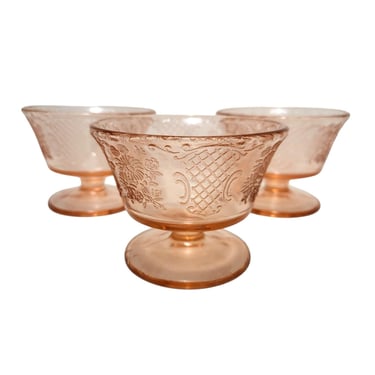 1930s Vintage Federal Normandie Pink Glass Dessert Cups, Bouquet & Lattice Footed Sherbet Bowls, Depression Early 20th Century 