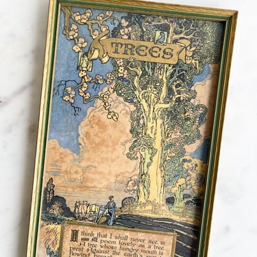 Antique 1914 TREES Poem Framed Art by Joyce Kilmer The Buzza Co Only God Can Make a Tree Poetry Art Nouveau Art Deco Style Vintage Art 