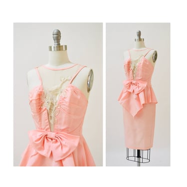 80s Prom Dress XXS XS Vintage Dress Pink White Sequin Dress Bow Peplum// Vintage 80s Party Pageant Barbie Dress XXS Pink Dress 