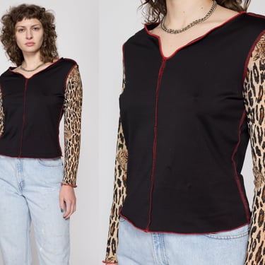 Med-Lrg 90s Black Leopard Print Sleeve Top | Vintage Red Contrast Stitch Long Sleeve Shirt 
