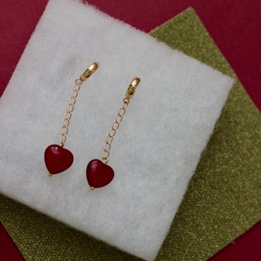 Glass Red Heart Dangle Statement Earrings / Gold Filled Chain Jewerly / Gifts for her / Elegant Jewelry 